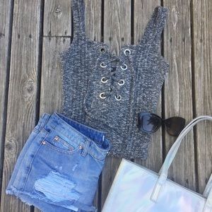 Express Lace Up Grommet Thong Bodysuit